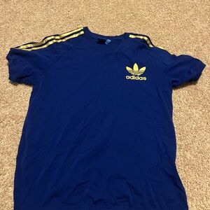 Adidas Blue T-Shirt with Gold Stripes